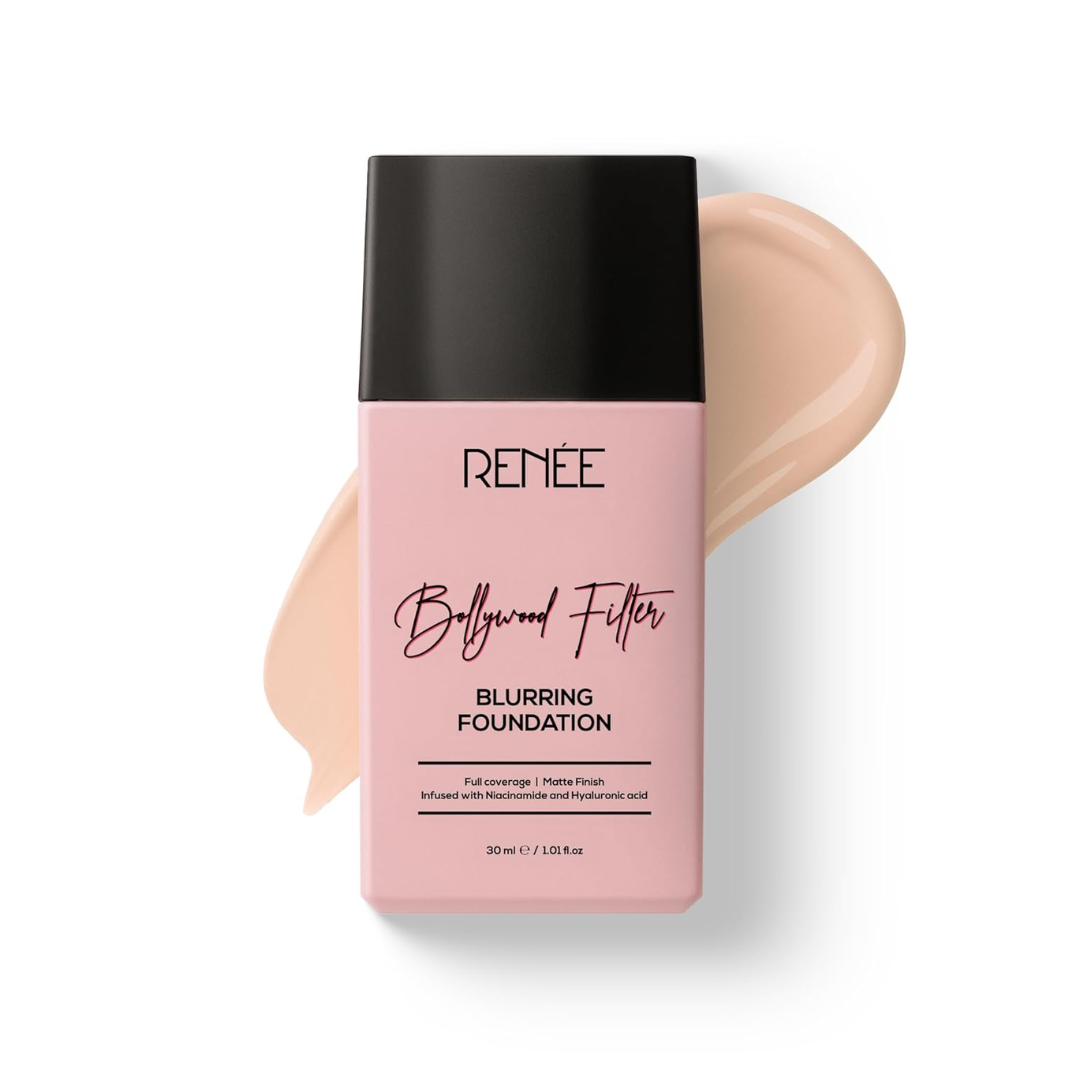 RENEE Bollywood Filter Blurring Matte Finish Liquid Foundation  | Lightweight, Full Coverage | Blurs Pores, Evens Skin Tone, Hydrates | With Hyaluronic Acid & Niacinamide | 30 ml