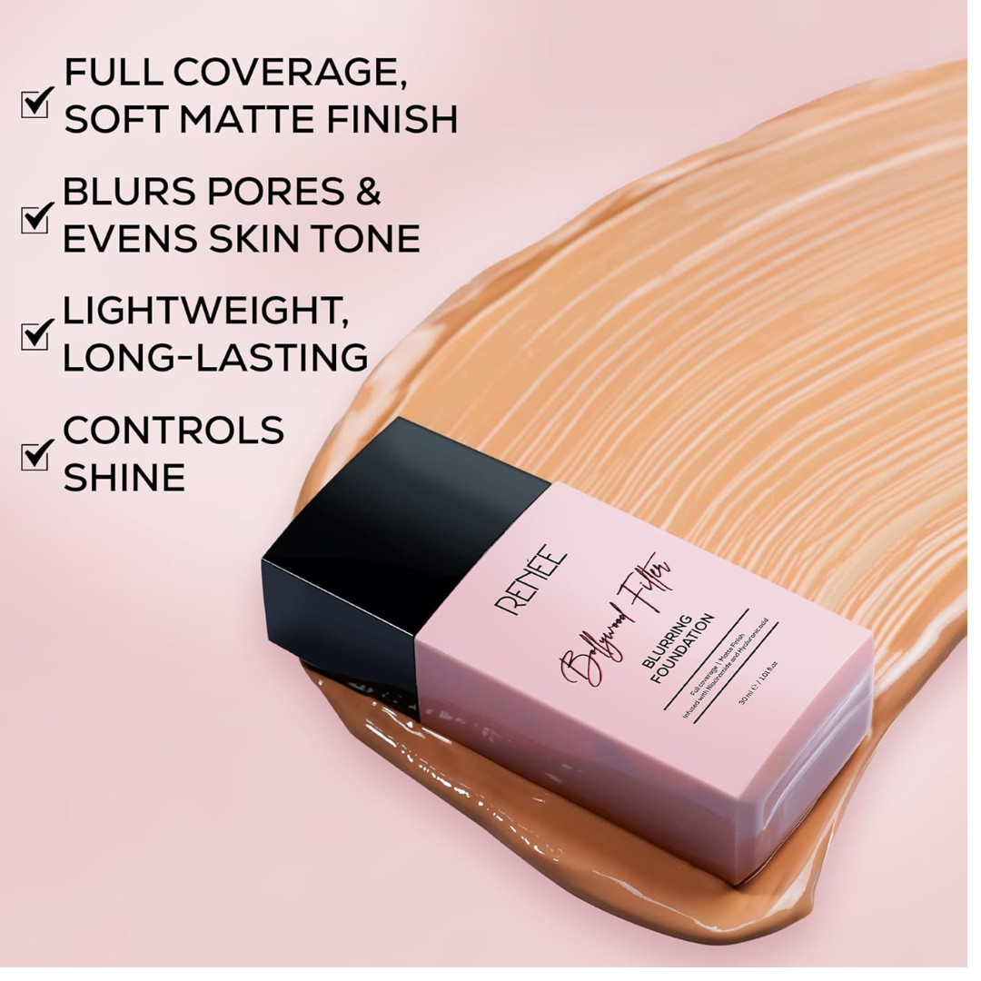 RENEE Bollywood Filter Blurring Matte Finish Liquid Foundation  | Lightweight, Full Coverage | Blurs Pores, Evens Skin Tone, Hydrates | With Hyaluronic Acid & Niacinamide | 30 ml