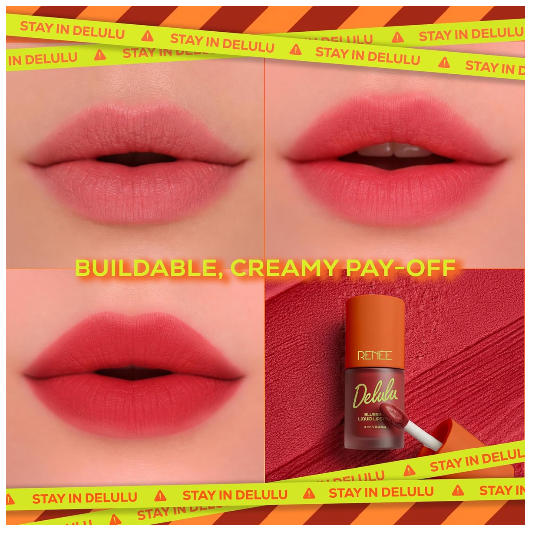 RENEE Delulu Blurring Matte Liquid Lipstick | Buildable Formula with Rich PayOff | Blurs Lip Lines, Glides Smoothly, Long-Lasting Up To 10 Hours | With Jojoba Oil | 4ml