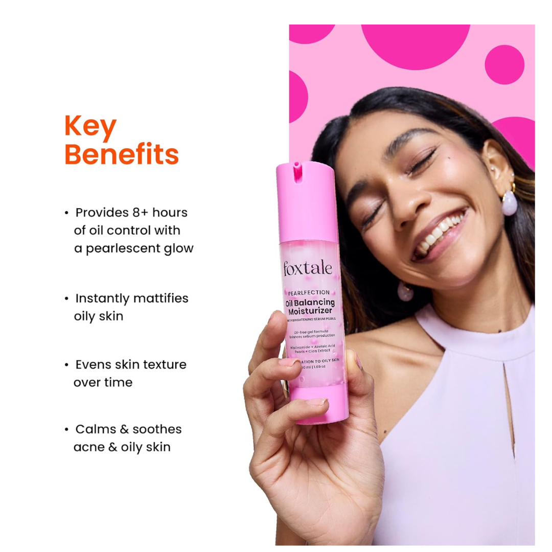 Foxtale Oil-Balancing Gel Moisturizer with Niacinamide, Azelaic Acid Pearls & Cica, 8+ Hours Shine-Free Hydration, Oil-free, Lightweight, Balances Sebum Production, For Oily & Acne-Prone skin, Men & Women, 50 ml