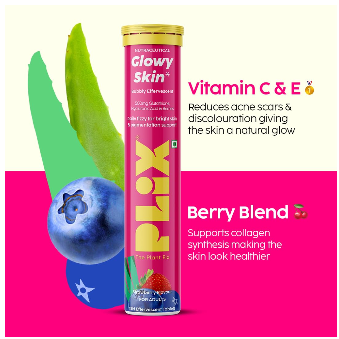 PLIX - THE PLANT FIX Glutathione Effervescent Tablets for Clear, Glowing & Youthful Skin | 500mg Glutathione, Vit E & Hyaluronic Acid | No Maltodextrin, No Sugar | Pack of 2 (30 tabs) | Strawberry