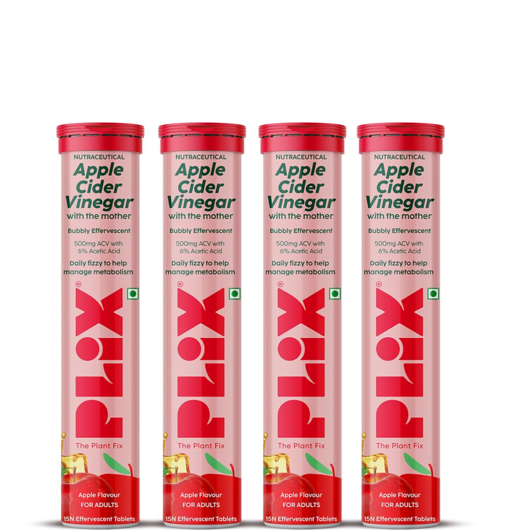 THE PLANT FIX Apple Cider Vinegar Effervescent Tablet with mother | Supports Metabolism & Appetite Control I With 500mg ACV, Vit B6 & B12 I No Maltodextrin, No Added Sugar I Pack of 4 (60 tablets)