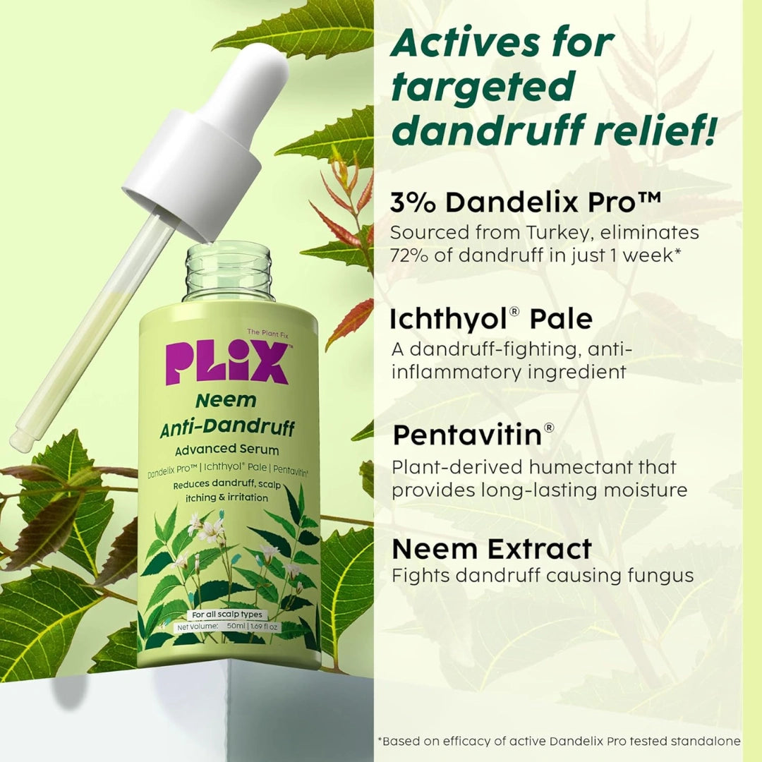 PLIX - THE PLANT FIX Neem Anti-Dandruff Advanced Serum | 3% Dandelix Pro™ & Ichthyol® Pale| Quick absorbing, Non-greasy & Lightweight | 50ml