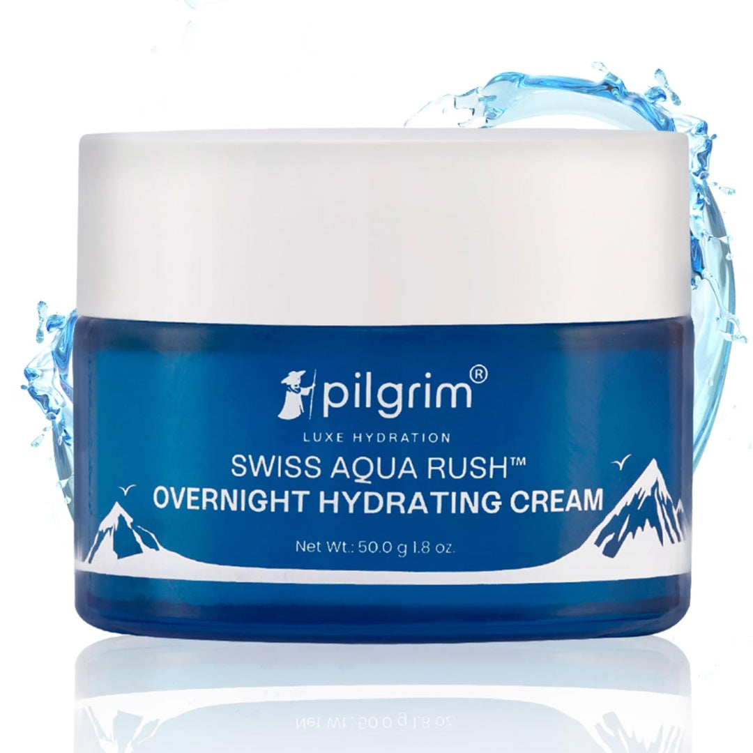 Pilgrim Swiss Aqua Rush™ Overnight Hydrating Face Cream| Crafted with powerful hydrators- Swiss Aqua Rush™, Aquaxyl™ & Ceramides | Overnight Intense Hydration | Fortifies skin barrier | 50g