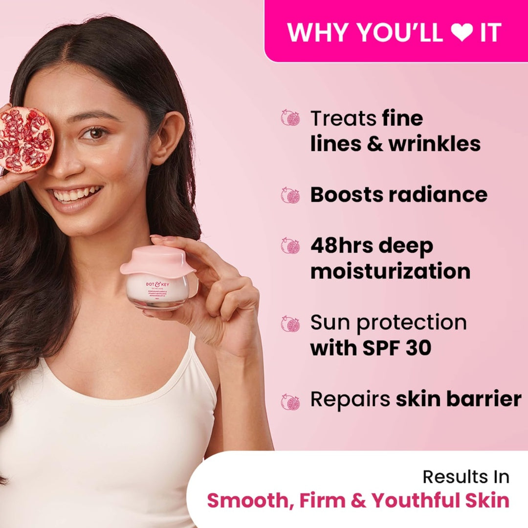 DOT & KEY Pomegranate + Peptide moisturizer With Spf 30 For Sun Protection|Reduces Fine Lines&Wrinkles|48Hr Intense Moisturization|Boosts Collagen|For Mature&Normal To Dry Skin|60Ml