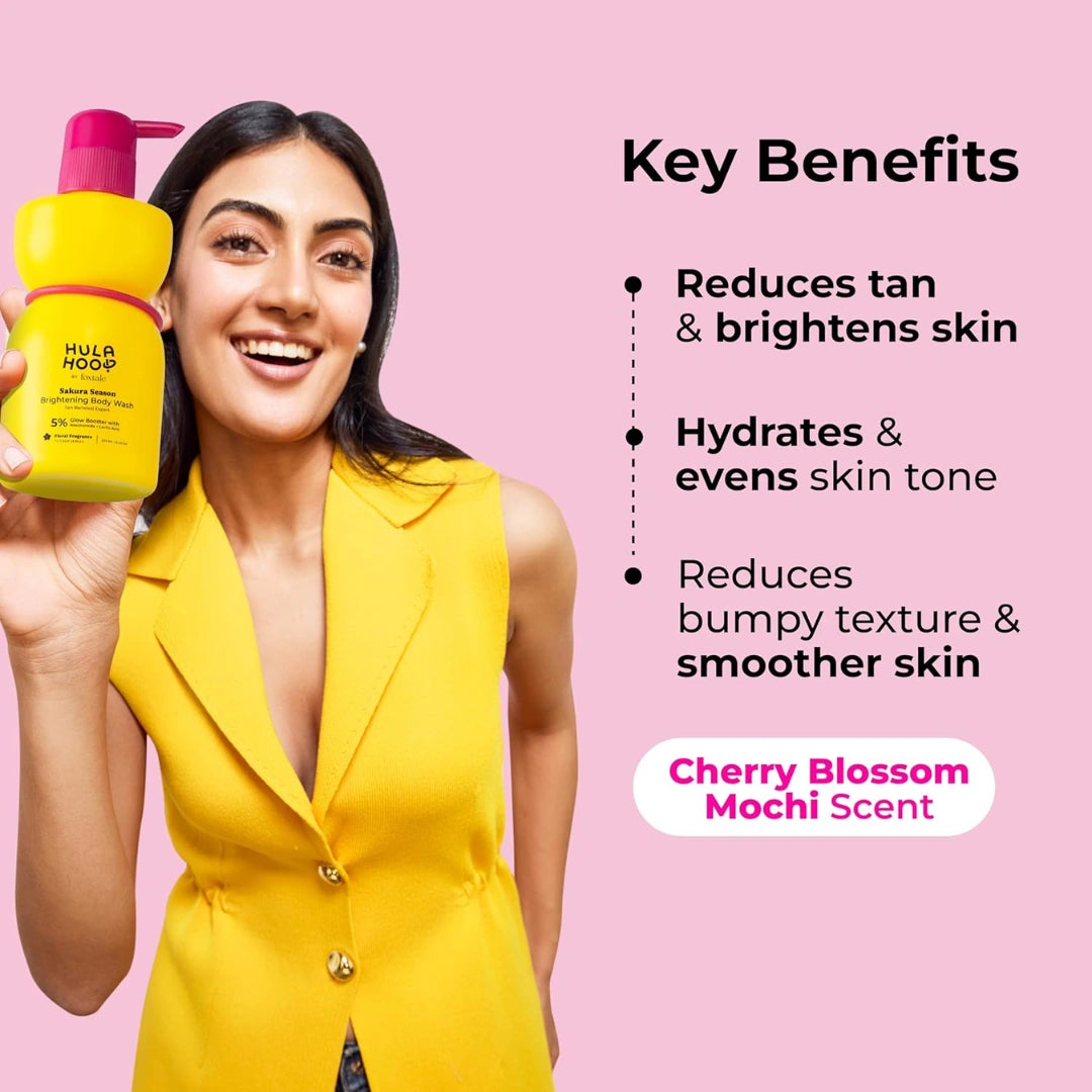 Hula Hoop Brightening Body Wash by Foxtale | Lactic Acid & Niacinamide | Reduces tan from 1st wash | Brightens & Evens Out Skin Tone | Floral Sakura Scent| For Men & Women | 250ml