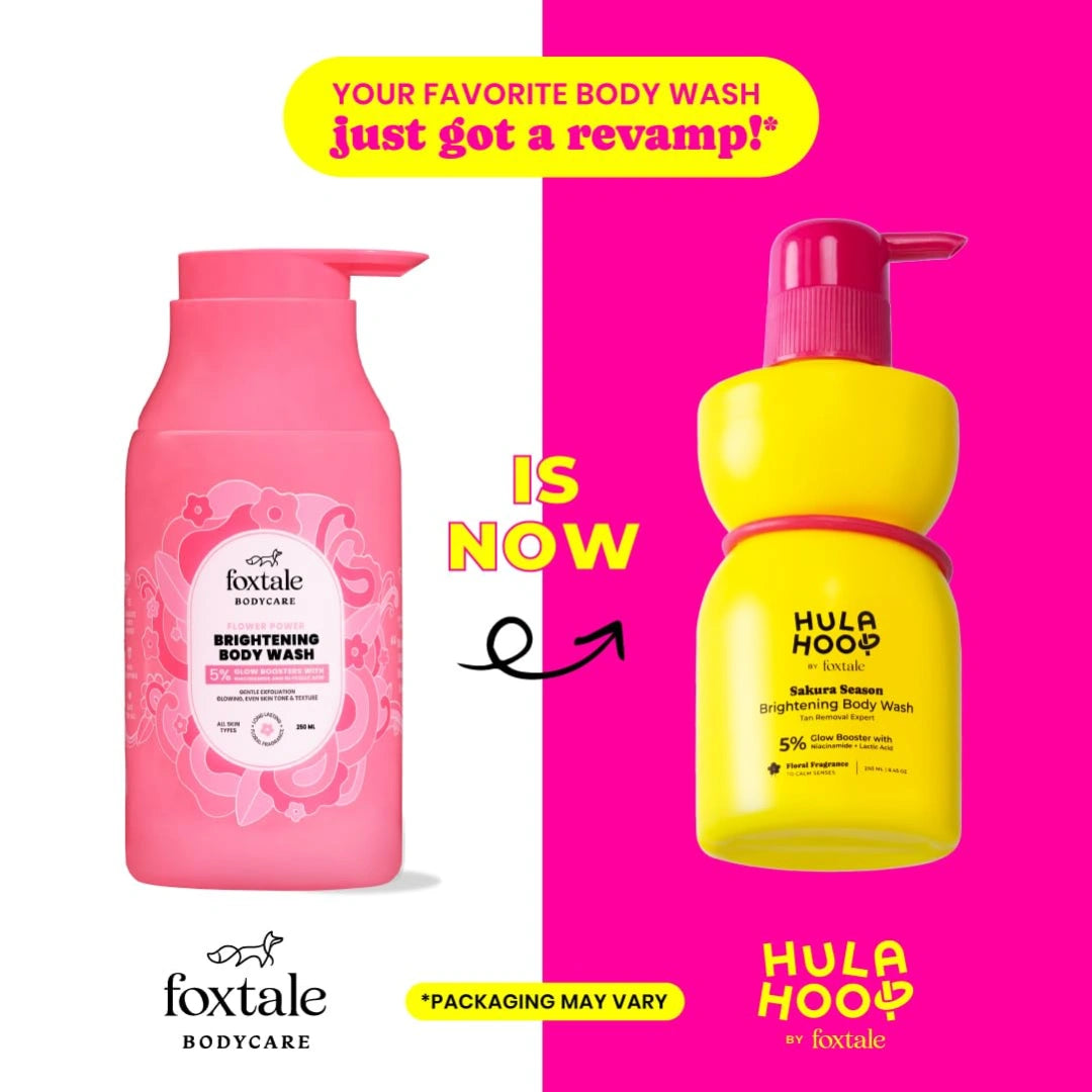 Hula Hoop Brightening Body Wash by Foxtale | Lactic Acid & Niacinamide | Reduces tan from 1st wash | Brightens & Evens Out Skin Tone | Floral Sakura Scent| For Men & Women | 250ml
