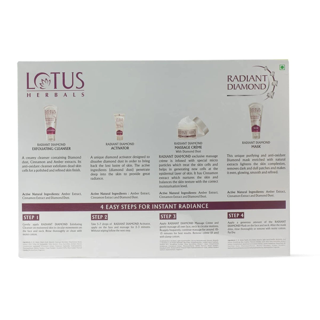 Lotus Herbals Radiant Diamond Cellular Radiance 5 In 1 Facial Kit | With Diamon Dust & Cinnamon | For Women & Men | For All Skin Types | 170g