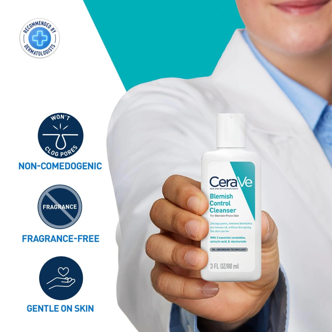 CeraVe Blemish Control Cleanser with 2% Salicylic Acid & Niacinamide for Acne Prone Skin, Controls Acne & Spots, Unclog Pores & Reduces Blemishes, 88ml