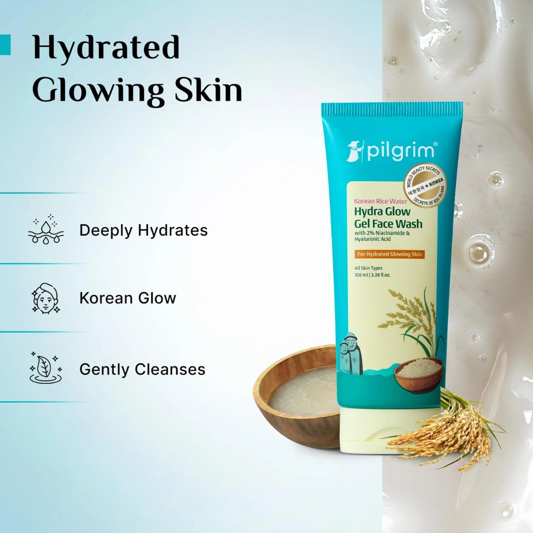 Pilgrim Korean Rice Water Hydra Glow Facewash| Hydrated Glowy Skin| Korean Glow| Gentle & Non-Drying| Niacinamide| Hyaluronic Acid (100ml)