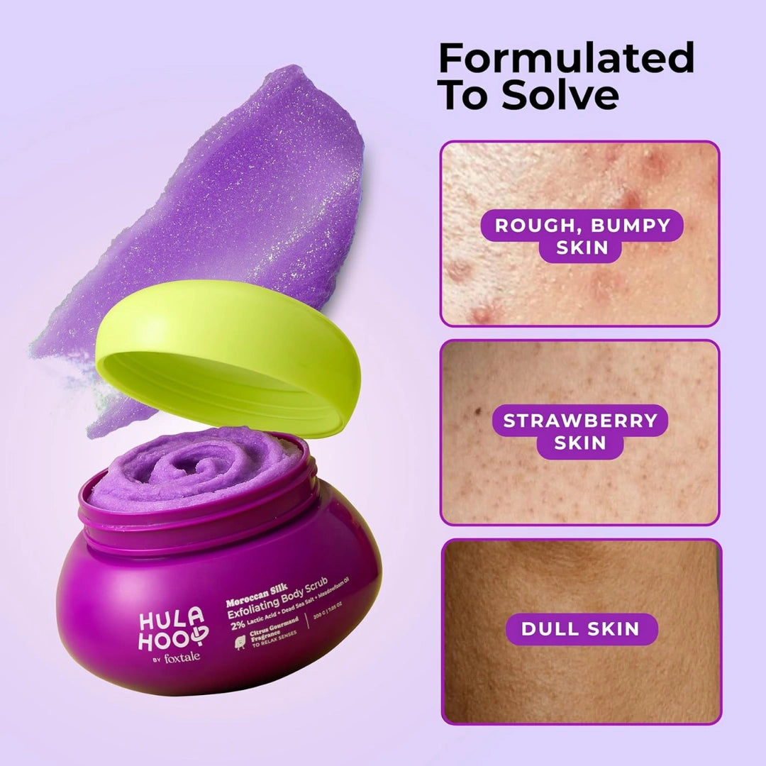 Hula Hoop Exfoliating Body Scrub by Foxtale | Smoothes Skin & Fades Tan | Dead Sea Salt + Perlite + Lactic Acid | Prevents Strawberry Skin | Hydrates & Nourishes Skin Barrier