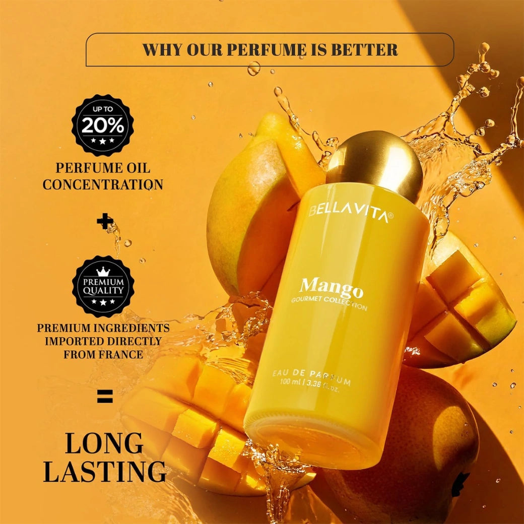 BELLAVITA Gourmet Collection Mango | Long Lasting Perfume for Man and Woman | EDP 100ml | Floral, Woody, Sweet Premium Unisex Fragrance for Men and Women
