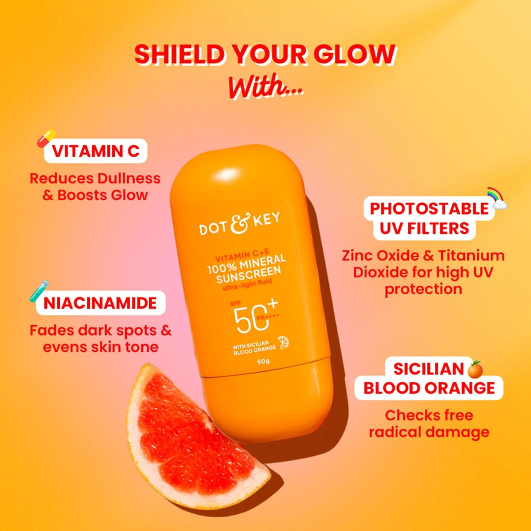 Dot & Key Vitamin C + E 100% Mineral Sunscreen In-Vivo Tested SPF 50+ PA++++ | No White Cast, Lightweight Fluid, With Zinc Oxide & Titanium Dioxide | Blends Easily, Boosts Natural Glow, Non-Greasy | 50gm