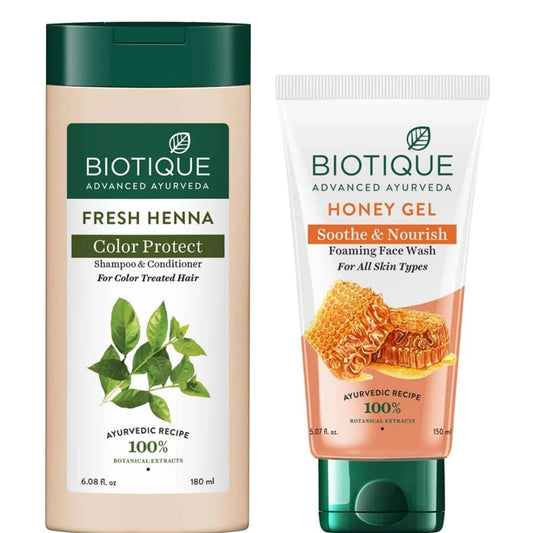 Biotique Fresh Henna Color Protect Shampoo & Conditioner, 180ml & Biotique Honey Gel Soothe & Nourish Foaming Face Wash For All Skin Types 150 Ml