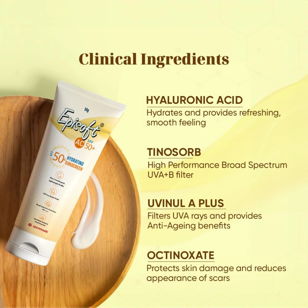 Episoft AC SPF 50 + sunscreen | Maximum Hydration | Protection against both UV-A/UV-B | 50 G