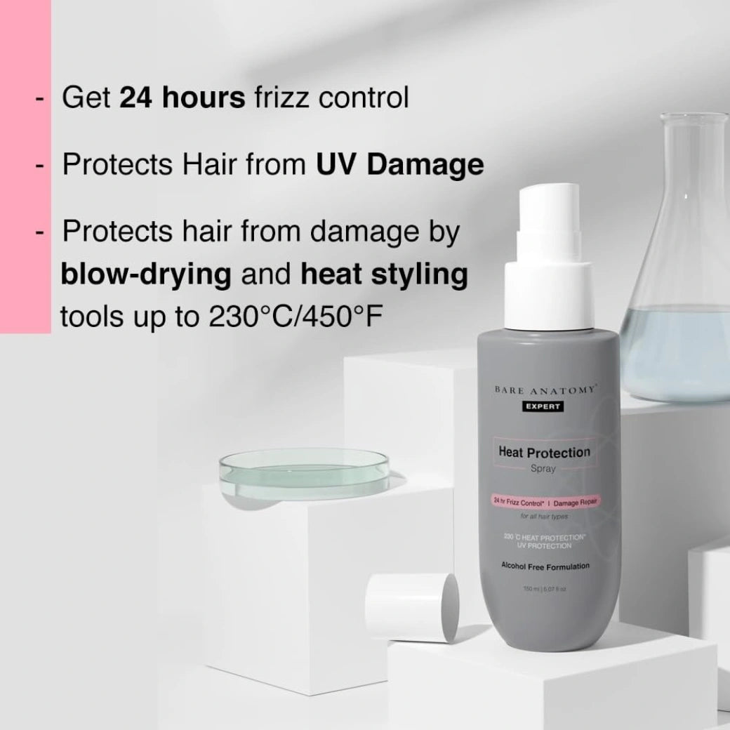 Bare Anatomy Heat Protection Spray Serum| Controls Frizz for up to 24 Hrs | Vitamin E, Pea Protein & Veg Keratin Enriched | Paraben Free | For Women & Men | Vegan |230 °C Heat Protection 150 ml