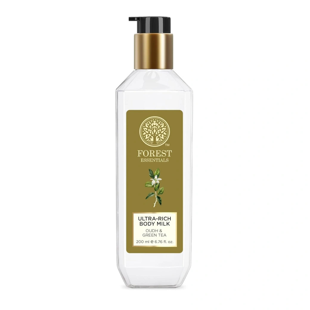 Forest Essentials Ultra-Rich Body Milk Oudh & Green Tea | Ayurvedic Nourishing Body Lotion to Replenish Skin Moisture and Leave it Smooth & Scented 200ML