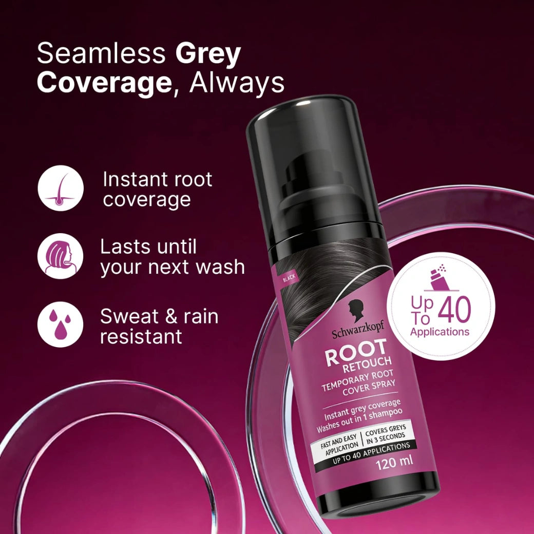Schwarzkopf Root Retouch Instant Grey Hair Concealer Spray For All Hair Types, Black , 120ML