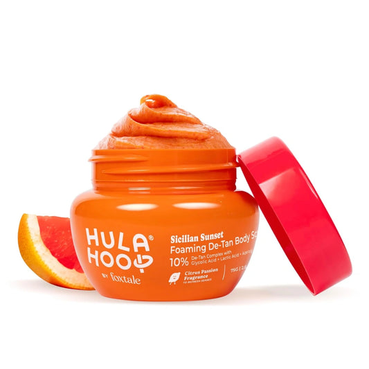 Foxtale Hula Hoop Foaming 10% De-Tan Body Scrub | Tan Removal & Soft-Smooth Skin | 5% Glycolic Acid, Lactic Acid & Azeloglycine | For Women & Men | All Skin Types | 75g