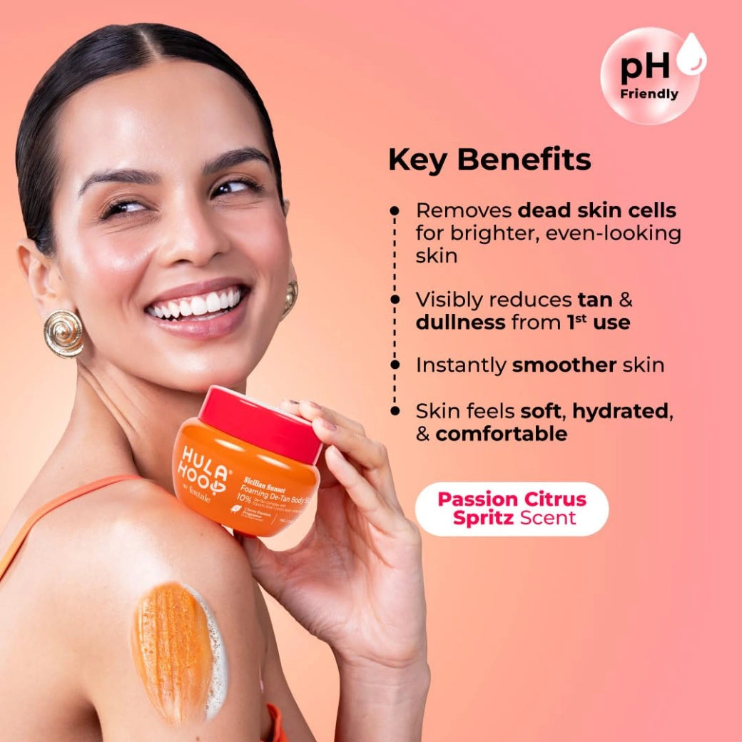 Hula Hoop Foaming 10% De-Tan Body Scrub by Foxtale | Tan Removal & Soft-Smooth Skin | 5% Glycolic Acid, Lactic Acid & Azeloglycine | For Women & Men | All Skin Types | 200g