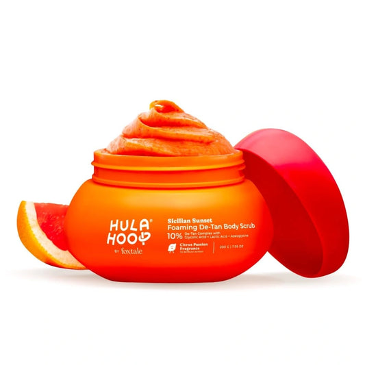 Foxtale Hula Hoop Foaming 10% De-Tan Body Scrub | Tan Removal & Soft-Smooth Skin | 5% Glycolic Acid, Lactic Acid & Azeloglycine | For Women & Men | All Skin Types | 200g