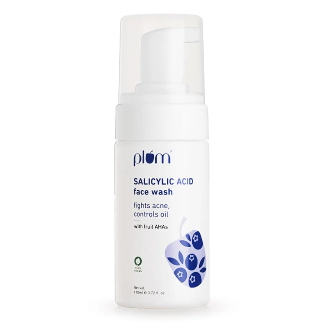 Plum  Salicylic Acid Foaming Face Wash | Fights Active Acne, Blackheads & Breakouts | with Glycolic Acid & Fruit AHAs | All Skin Types | Creamy Face Cleanser for Women & Men | 110ml