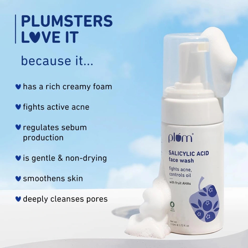 Plum  Salicylic Acid Foaming Face Wash | Fights Active Acne, Blackheads & Breakouts | with Glycolic Acid & Fruit AHAs | All Skin Types | Creamy Face Cleanser for Women & Men | 110ml
