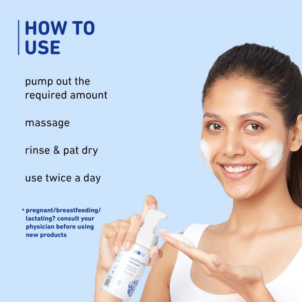 Plum  Salicylic Acid Foaming Face Wash | Fights Active Acne, Blackheads & Breakouts | with Glycolic Acid & Fruit AHAs | All Skin Types | Creamy Face Cleanser for Women & Men | 110ml