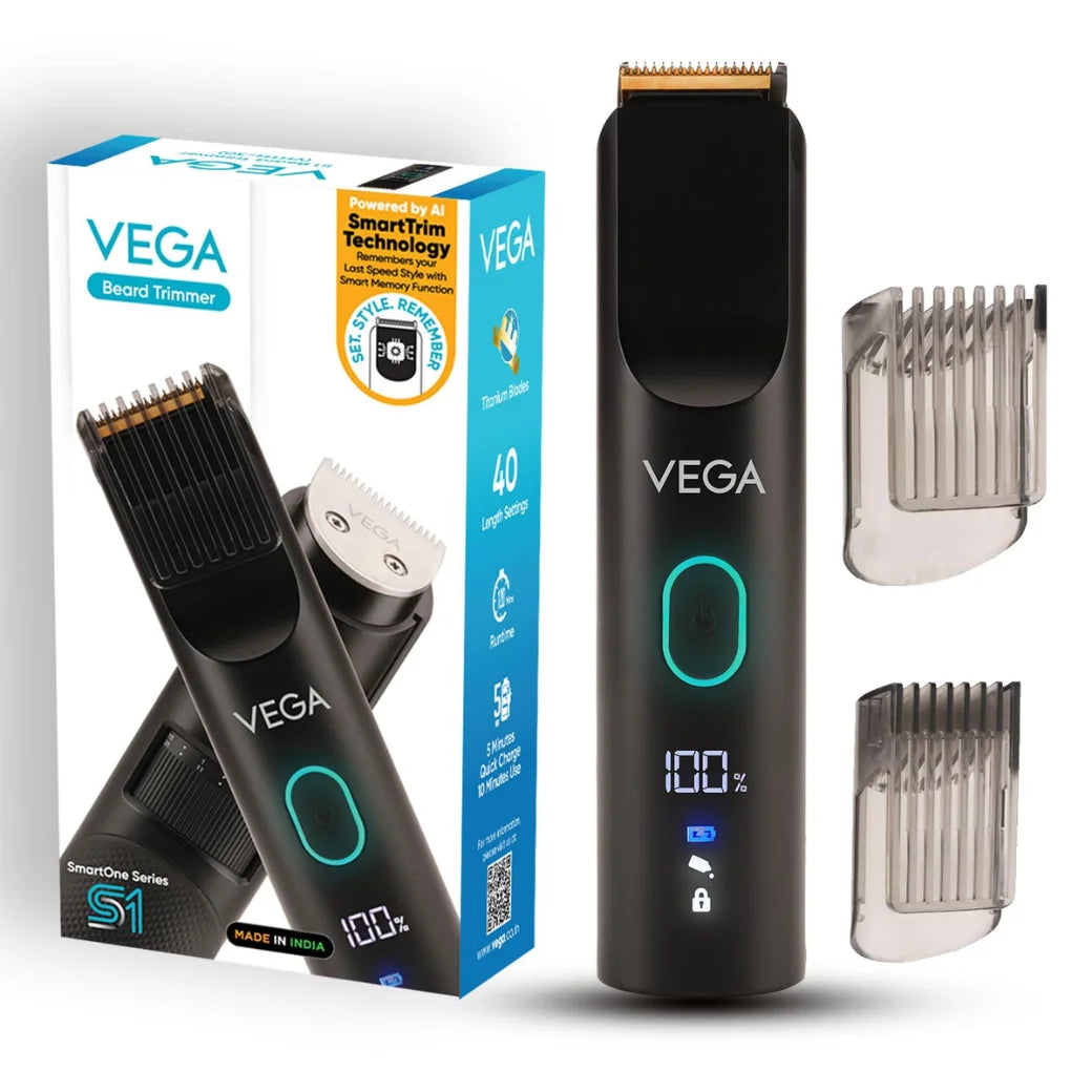 Vega SmartOne S1 Beard Trimmer for Men with AI SmartTrim Technology Titanium Blade, Digital Display, 120 mins Runtime, USB Type C, IPX7 Waterproof & 40 Length Settings, 3 Unique Speed Mode (VHTH-30)