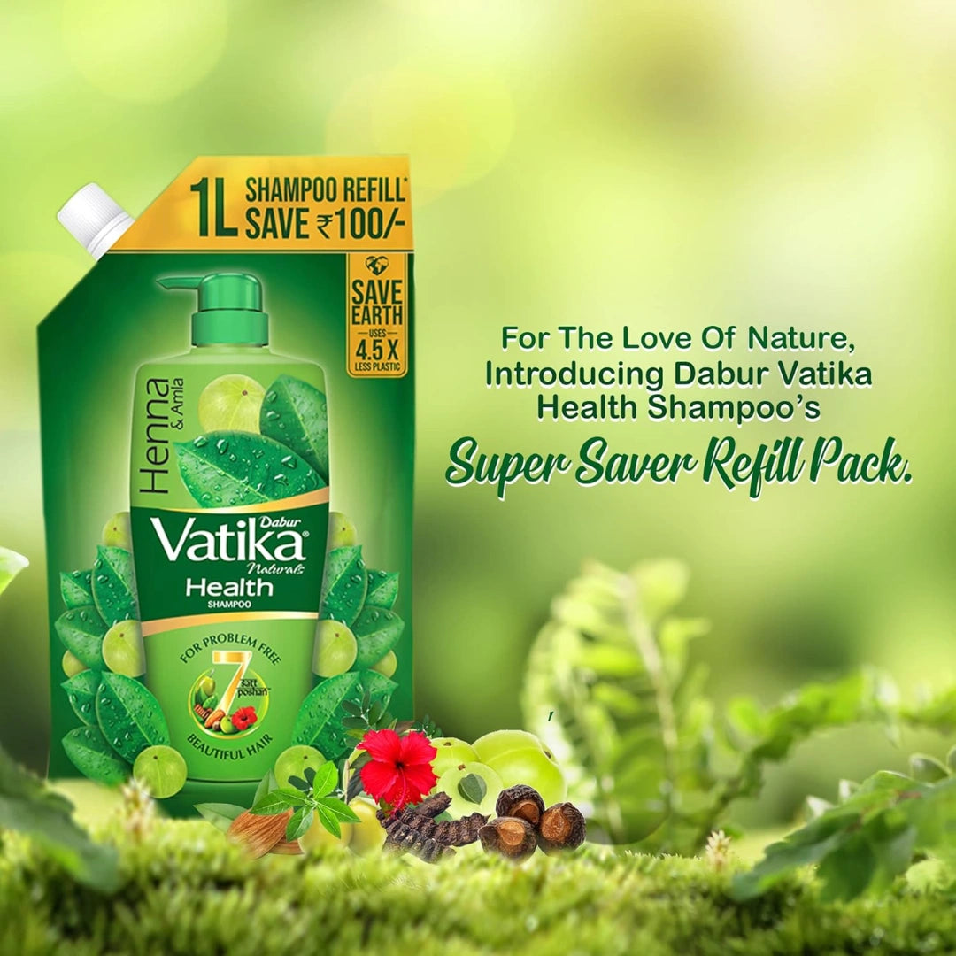 Dabur Vatika Health Shampoo - 1L (Refill Pouch) | For Smooth, Shiny & Nourished Hair