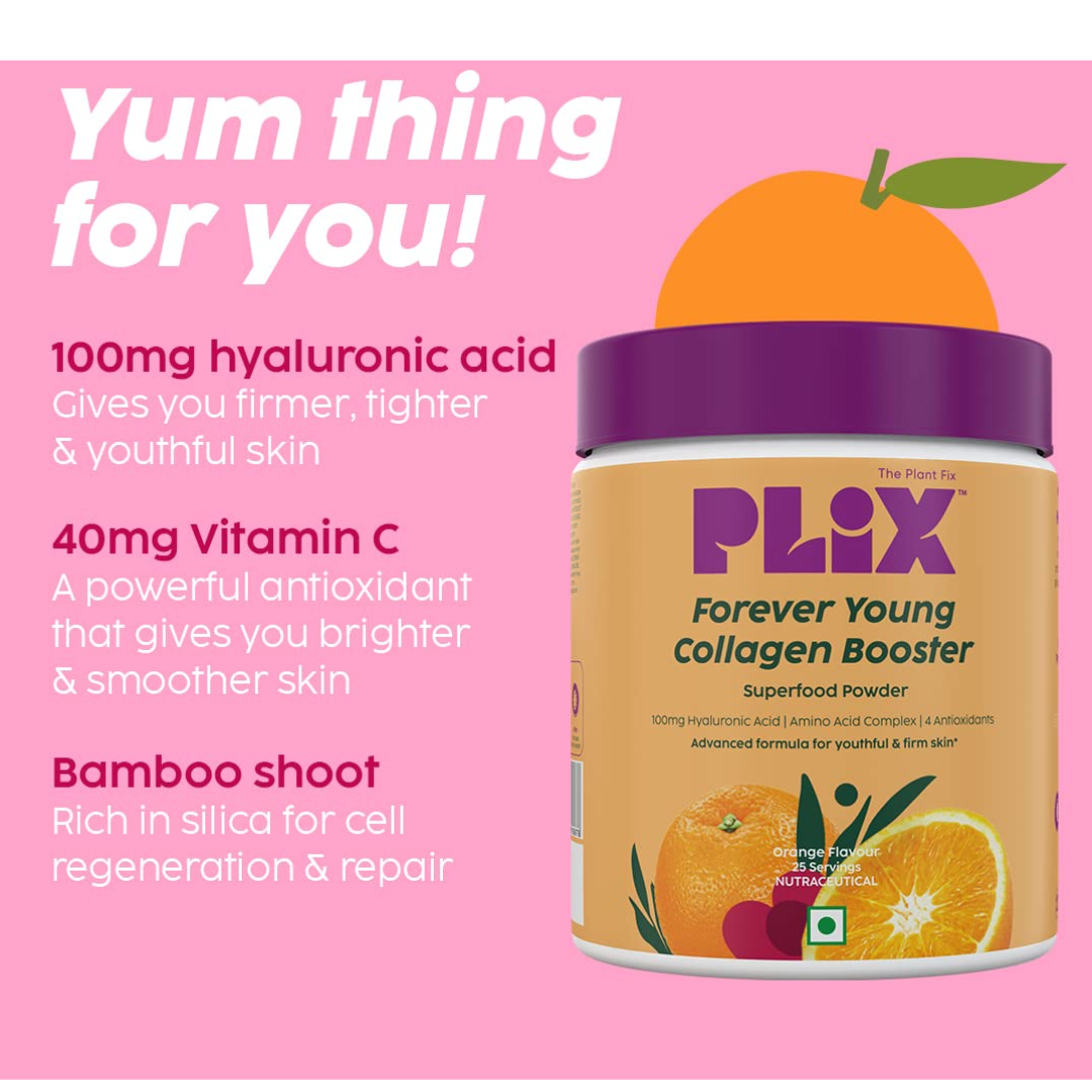 PLIX - THE PLANT FIX Collagen Supplement Powder Orange Flavor To Support Skin Elasticity,Firmness & Youthful Glow,100% Plant-based With Hyaluronic Acid & Vitamin C,For Unisex,Watermelon Flavour,Pack Of 1,0.5 grams