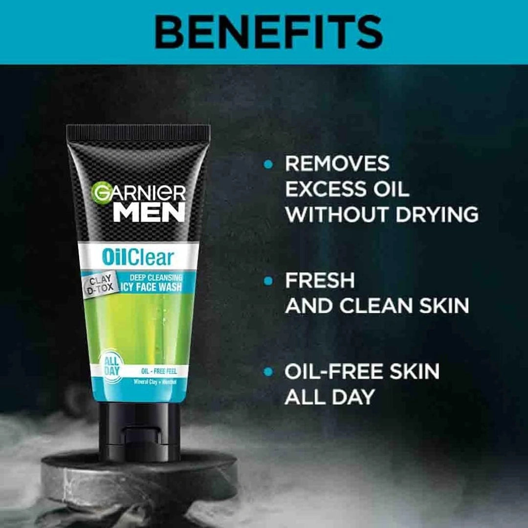 Garnier Men Oil Clear Clay D-Tox Deep Cleansing Icy Face Wash, 50gm (PACK OF 3)