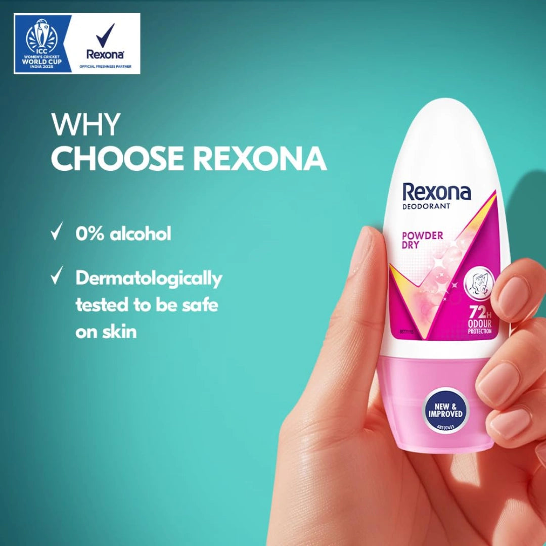 Rexona Powder Dry Underarm Roll On Deodorant For Women, Antiperspirant, Removes Odour, Keeps Skin Fresh & Clean, Alcohol Free, Skin Friendly, 50 ml