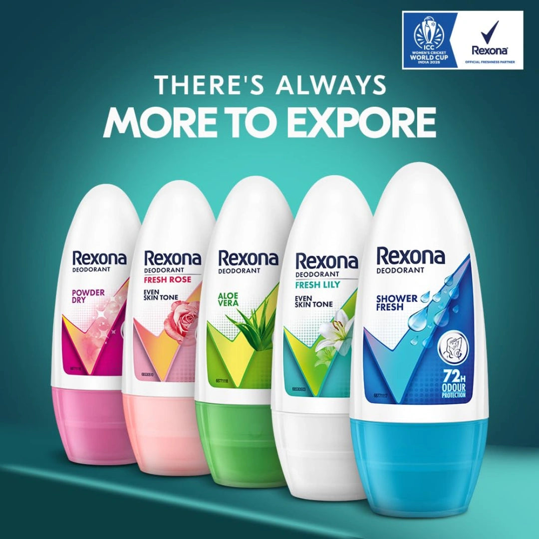 Rexona Powder Dry Underarm Roll On Deodorant For Women, Antiperspirant, Removes Odour, Keeps Skin Fresh & Clean, Alcohol Free, Skin Friendly, 50 ml