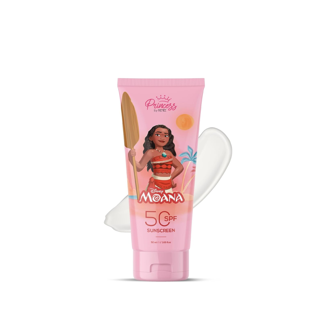 RENEE Princess by  Disney Moana Sunscreen with SPF 50, Protects & Nourishes, Zero White Cast, Lightweight & Non-Greasy, Quick-absorbing Formula, Vitamin E, Cocoa Butter, Provitamin B5 Infused, 50 Ml