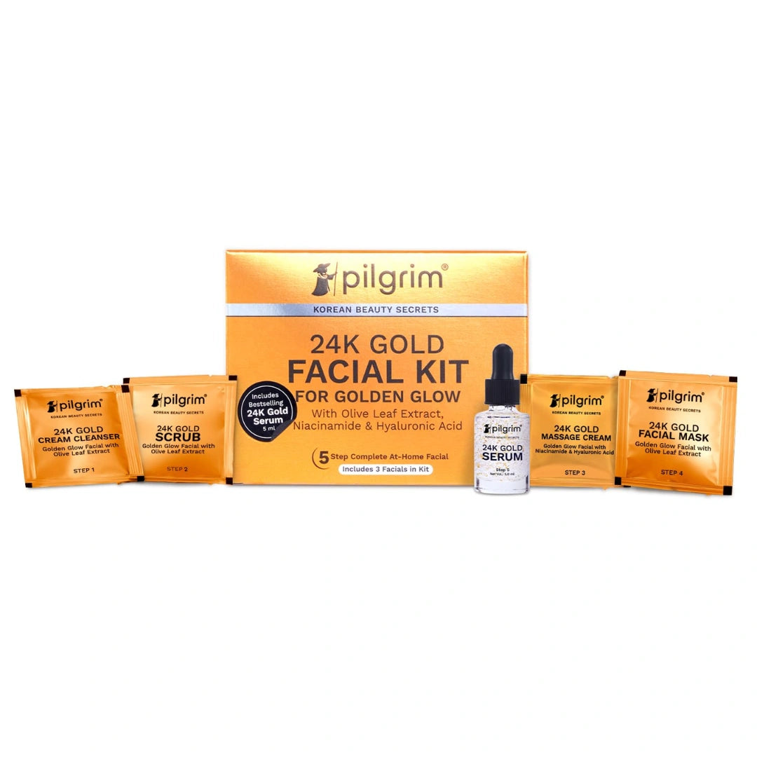 Pilgrim 24K Gold Facial Kit for Instant Radiance & Golden Glow: Includes Gold Cleanser, Scrub, Massage Cream, Facial Mask,