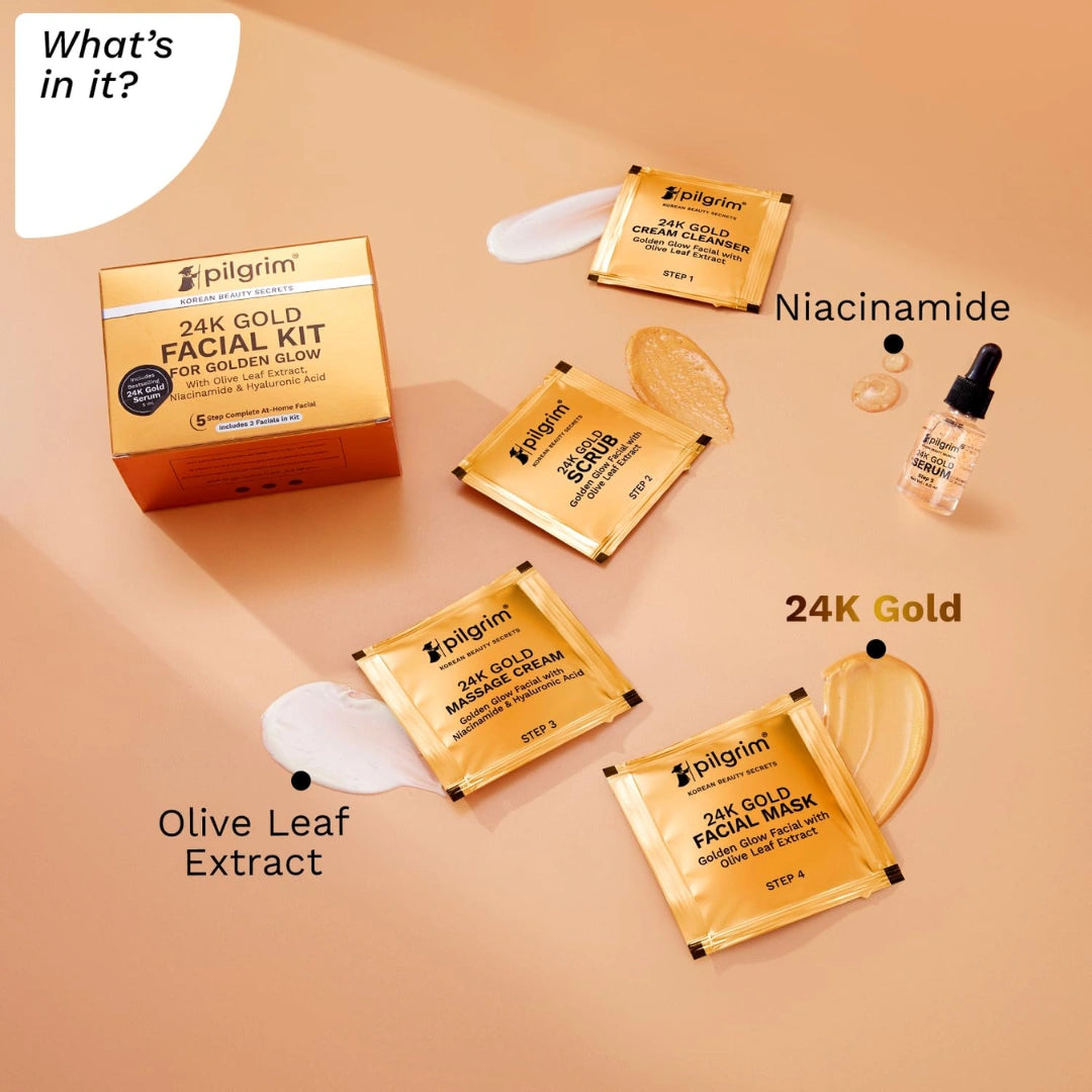 Pilgrim 24K Gold Facial Kit for Instant Radiance & Golden Glow: Includes Gold Cleanser, Scrub, Massage Cream, Facial Mask,