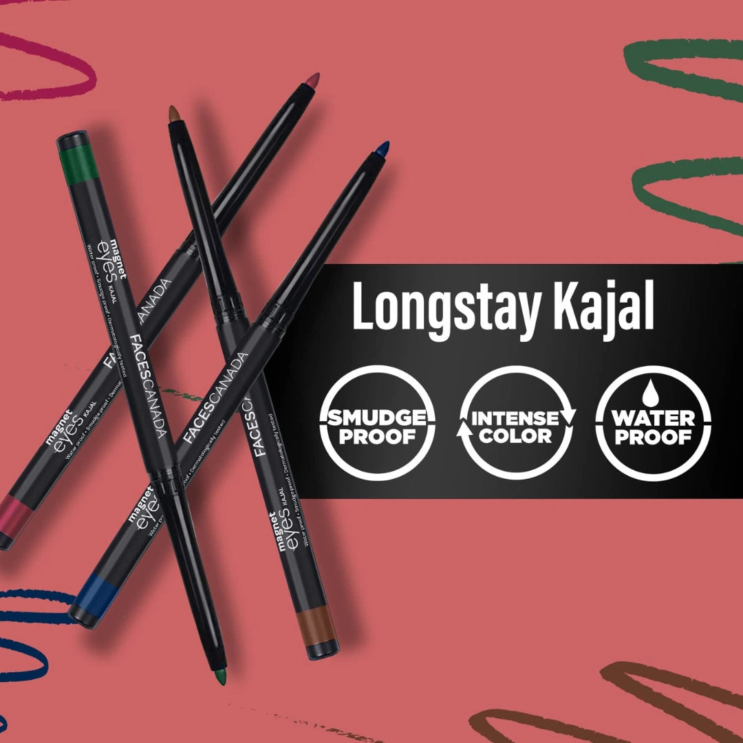 FACESCANADA Magneteyes Color Kajal - Brown Comfort 03, 0.30G | Highly Pigmented Kohl | 12 Hr Long Stay | Matte Finish | Single Stroke Glide | Water Proof | Smudge Proof | Almond Oil Enriched - Pencil