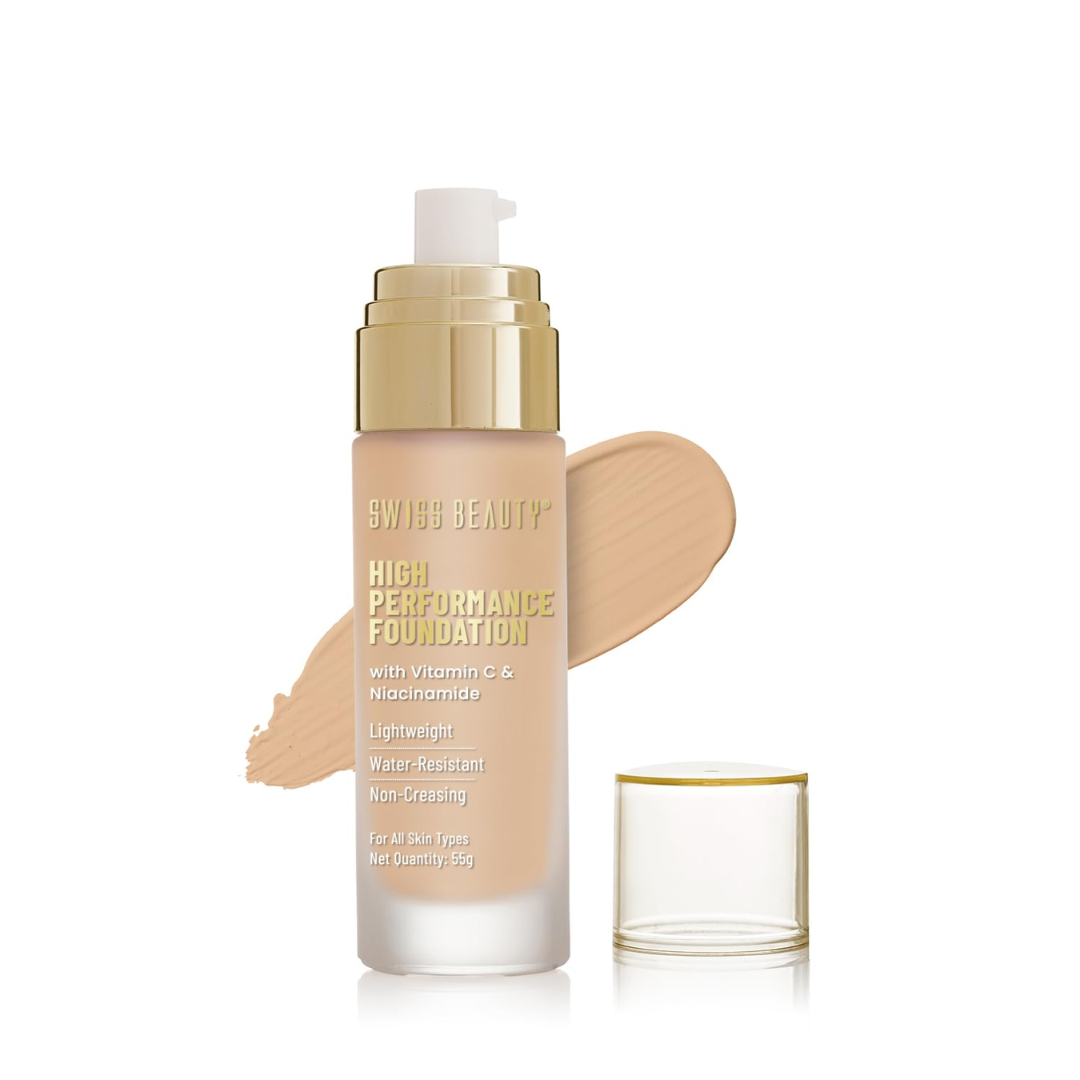 Swiss Beauty High Performance Foundation | Water-Resistant | Medium To Buildable Coverage Liquid Dewy Finish | Lightweight | Easy To Blend | With Vitamin C & Niacinamide | 04 Natural Nude, 55G