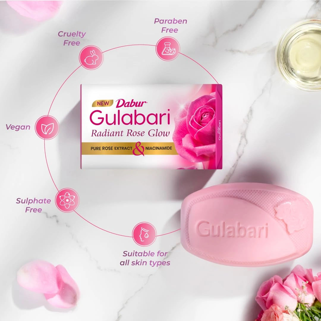 Dabur Gulabari Pure Rose Soap 150g (Pack of 4) | Moisturizing Bathing Soap for Radiant Glowing Skin & Body