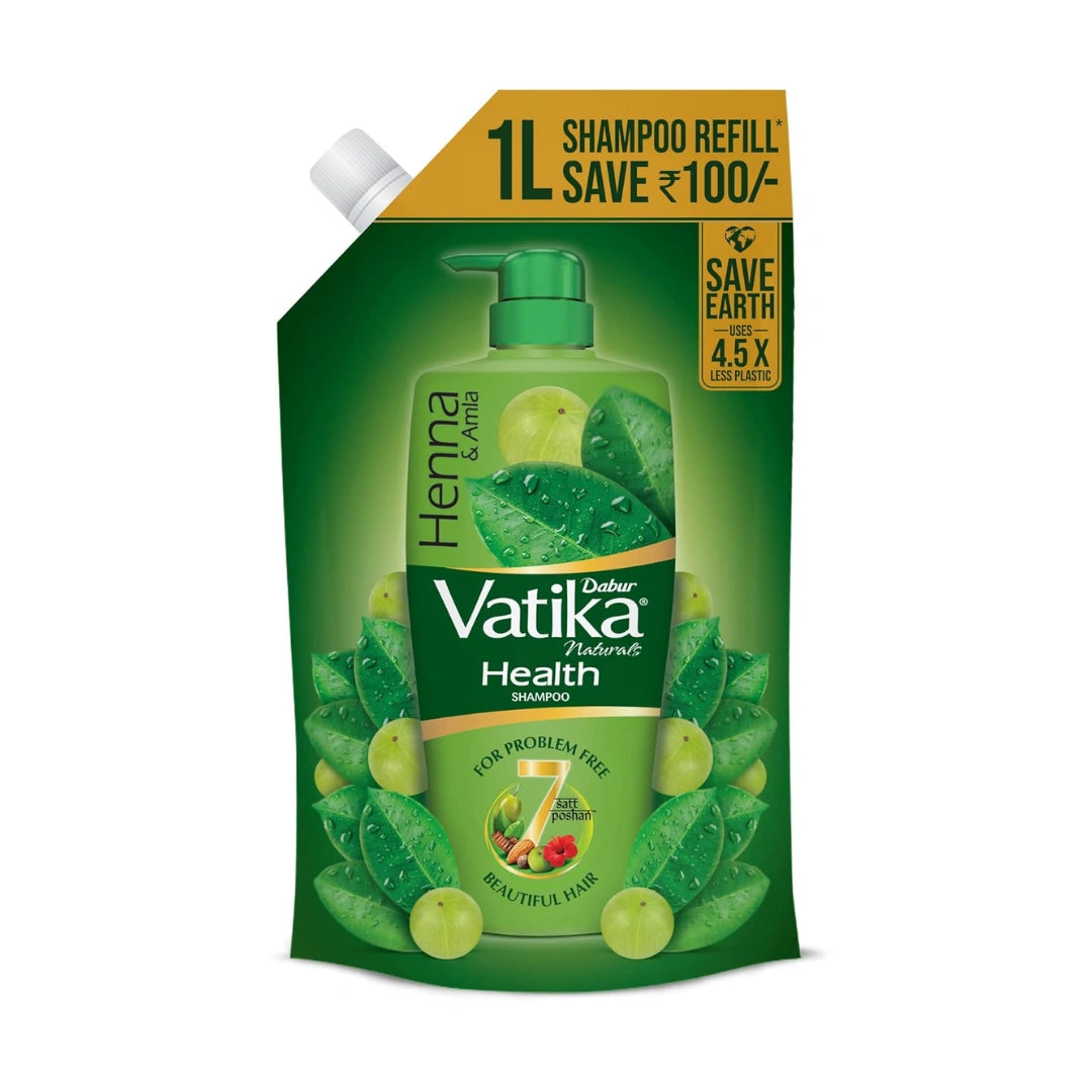 Dabur Vatika Health Shampoo - 1L (Refill Pouch) | For Smooth, Shiny & Nourished Hair