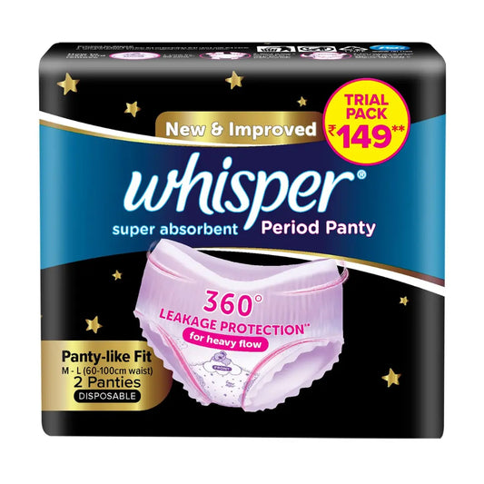 Whisper Super Absorbent Period Panty, 2 M-L Pants, 360 Degree Leakage Protection for Heavy Flow, Panty like Fit for Full back Coverage, Absorbs Heavy Gushes, Silky Soft, Comfortable Feel