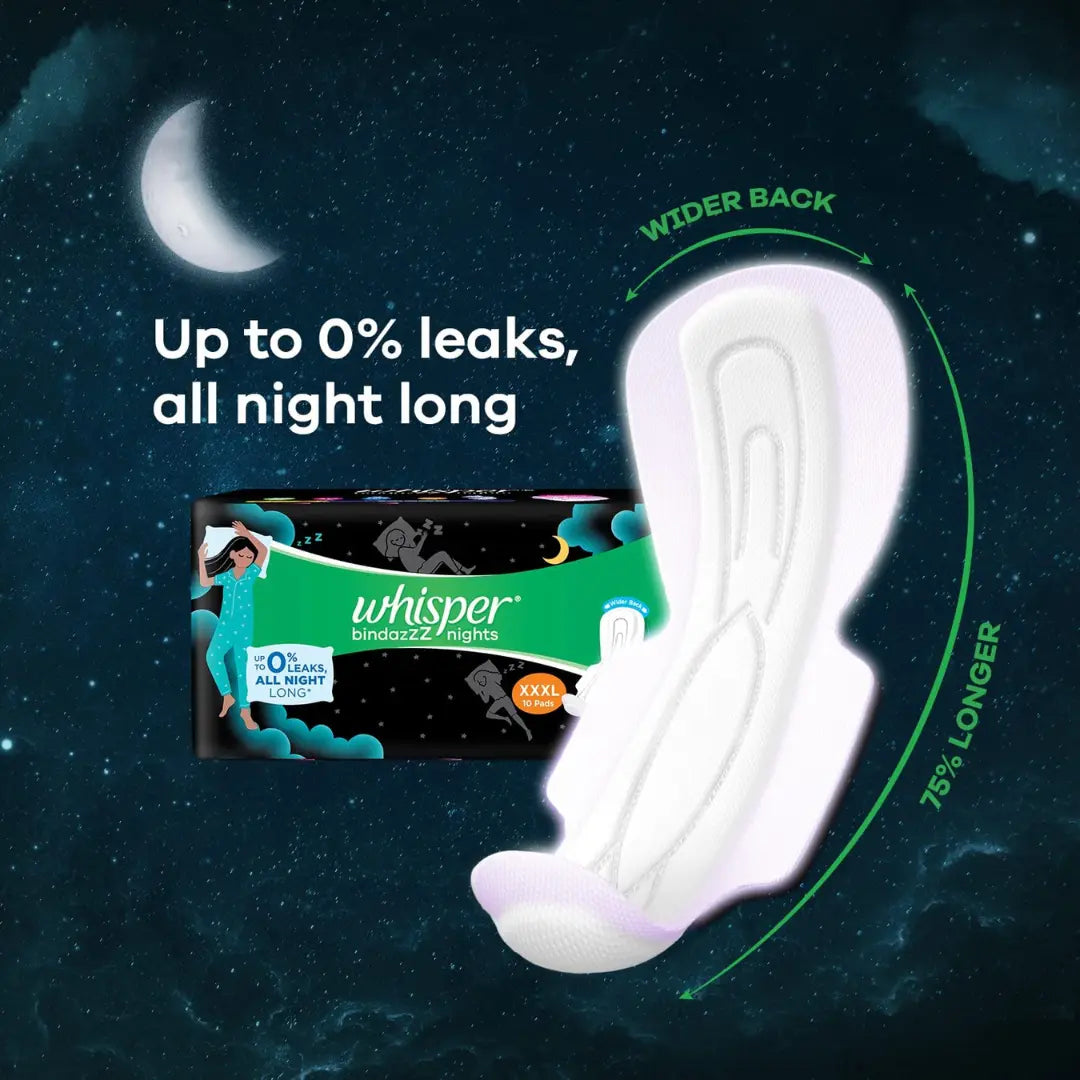 WHISPER BINDAZZZ NIGHTS SANITARY PADS, 20 XXXL PADS, UPTO 0% LEAKS ALL NIGHT LONG, FOR HEAVY FLOW, 75% LONGER & WIDER BACK, COMFORTABLE CUSHIONY SOFT WINGS, DISPOSABLE WRAPPER