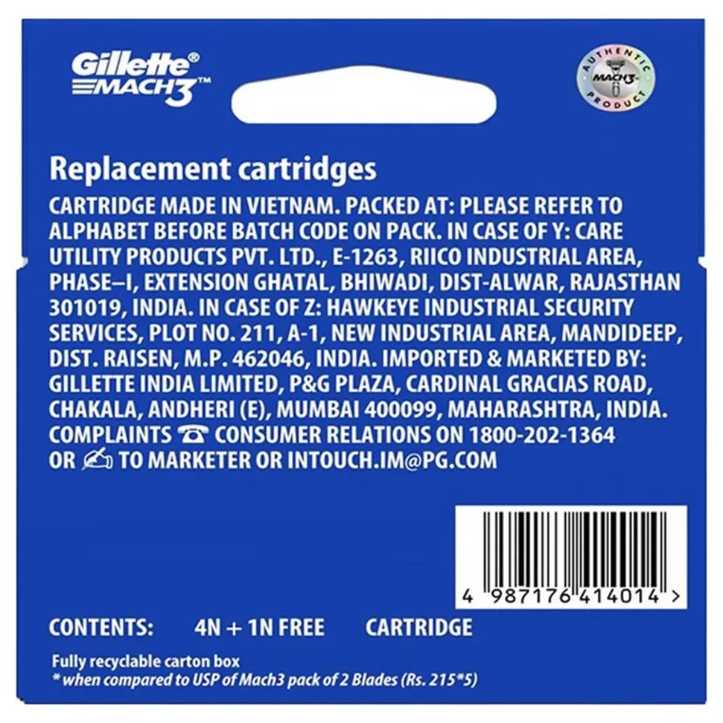 Gillette Mach 3 Cartridge, 5 Count (4+1 Free)