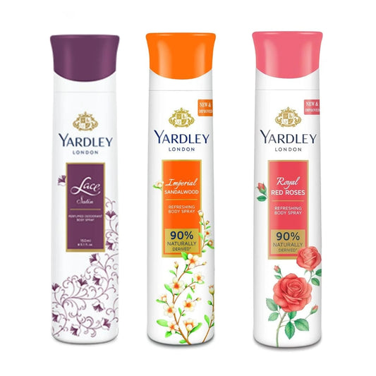 Yardley London Imperial Sandalwood,Royal Red Roses and Lace satin Deodorant Spray For Women - 150ml (Pack of 3)