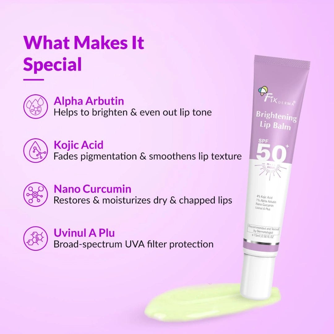 Fixderma Brightening Lip Balm With SPF 50 PA+++ for Pigmented & Dry Lips | 4% Kojic Acid, 2% Alpha Arbutin | Moisturizes, Hydrates & Brightens Pigmented Lips | For Men & Women - 15ml