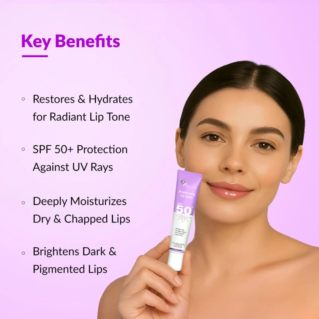 Fixderma Brightening Lip Balm With SPF 50 PA+++ for Pigmented & Dry Lips | 4% Kojic Acid, 2% Alpha Arbutin | Moisturizes, Hydrates & Brightens Pigmented Lips | For Men & Women - 15ml