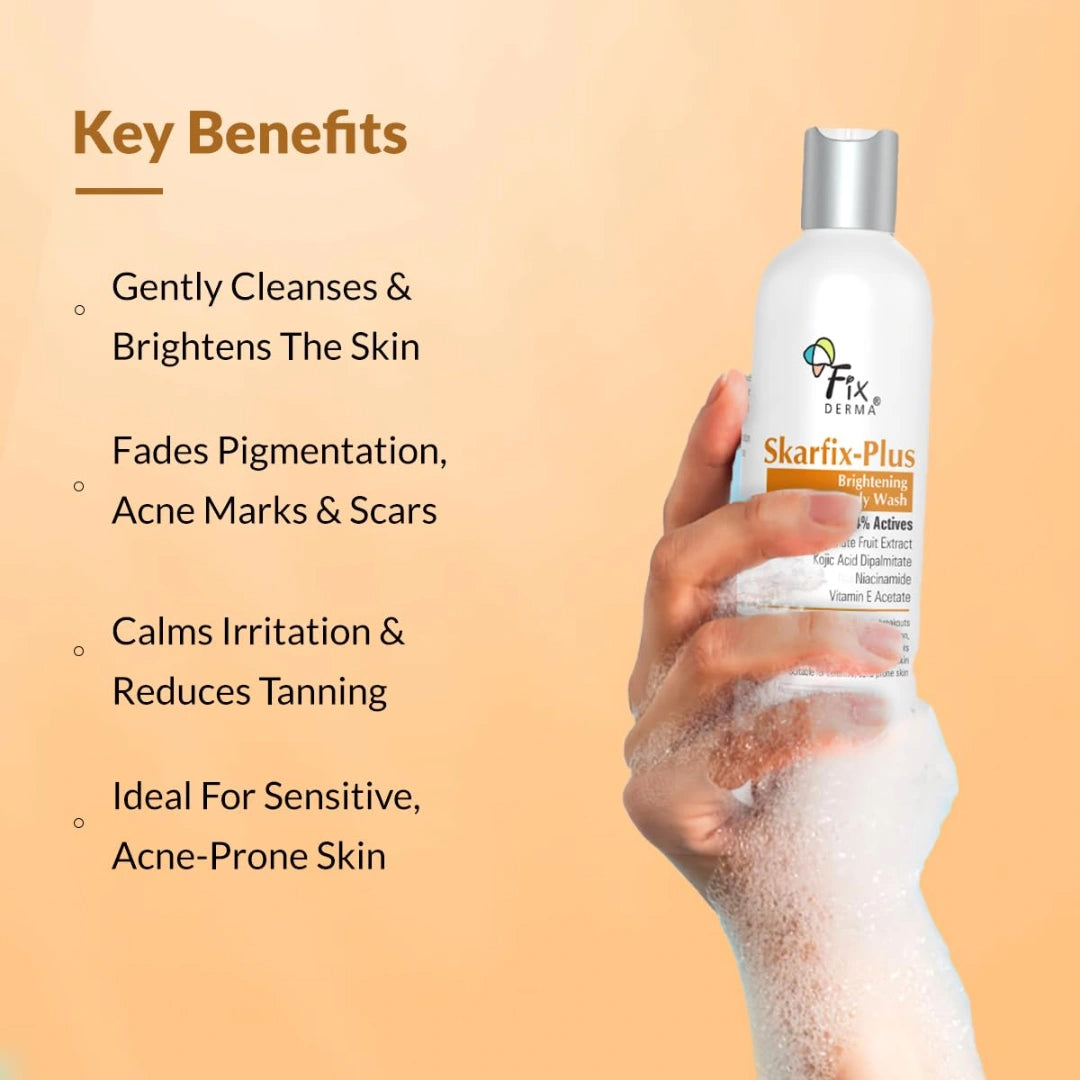 Fixderma Skarfix Plus Brightening Body Wash with 4% Actives (Kojic Acid, Niacinamide Acid, & Vitamin E) | Skin Brightening Body Wash Shower Gel Women & Men | For Hyperpigmentation & Acne Marks - 200ml
