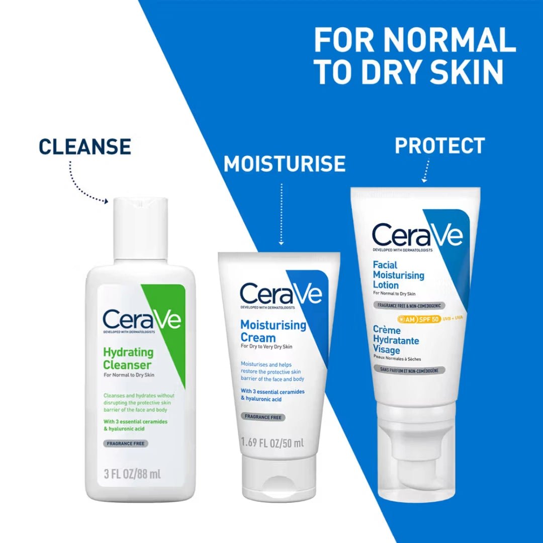 CeraVe Morning Skincare Combo of Facewash, Moisturizer, SPF 50 - Routine for Normal To Dry Skin - Deals999