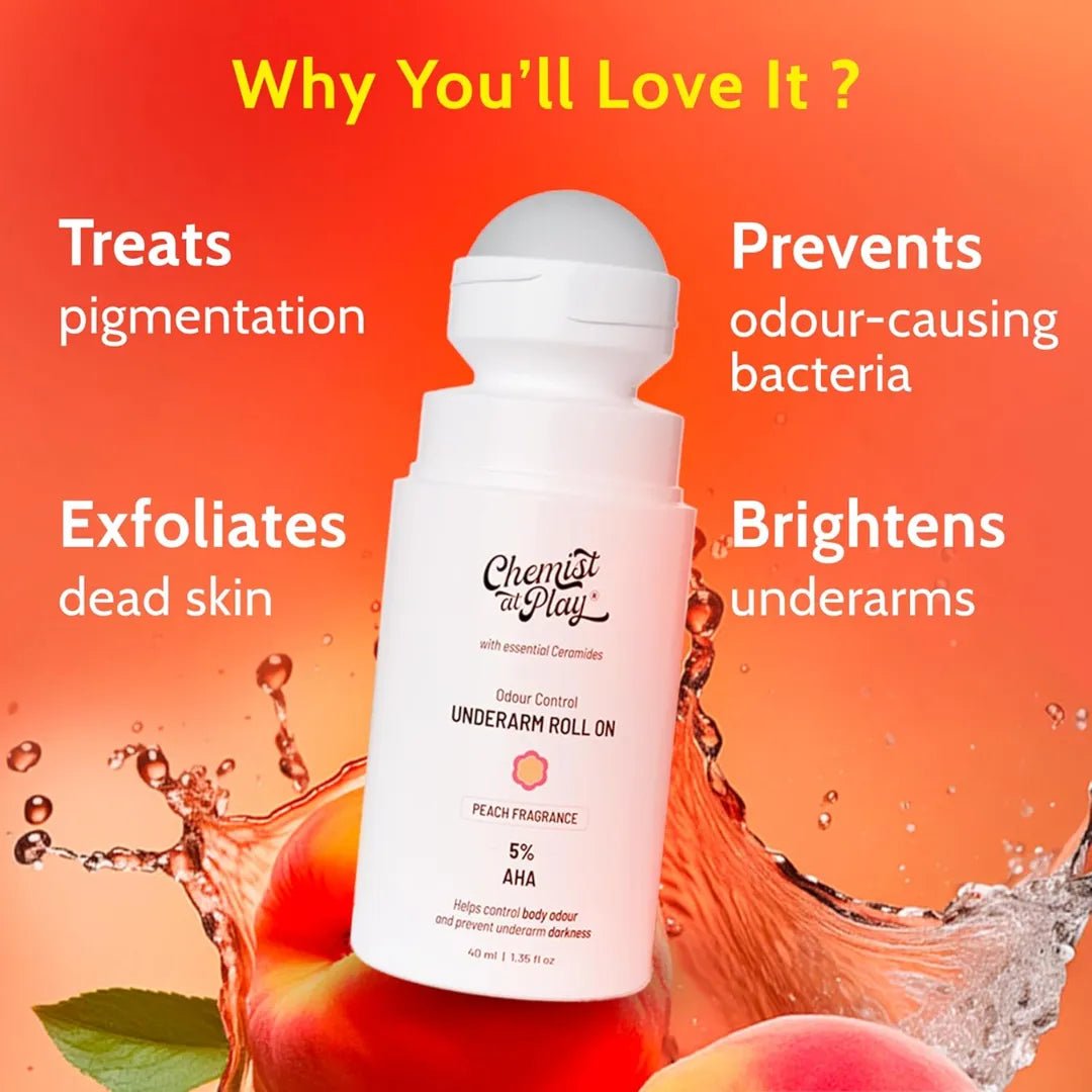 Chemist at Play UnderArm Roll - On with 5% AHA, Lactic Acid & 1% Mandelic Acid | Peach Fragrance | Alcohol Free - 40ml - Deals999